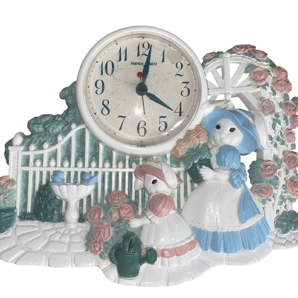 Homco Quartz Bunny Rabbit Garden Scene Mantel Clock Pink Roses Gate - Picture 4 of 16